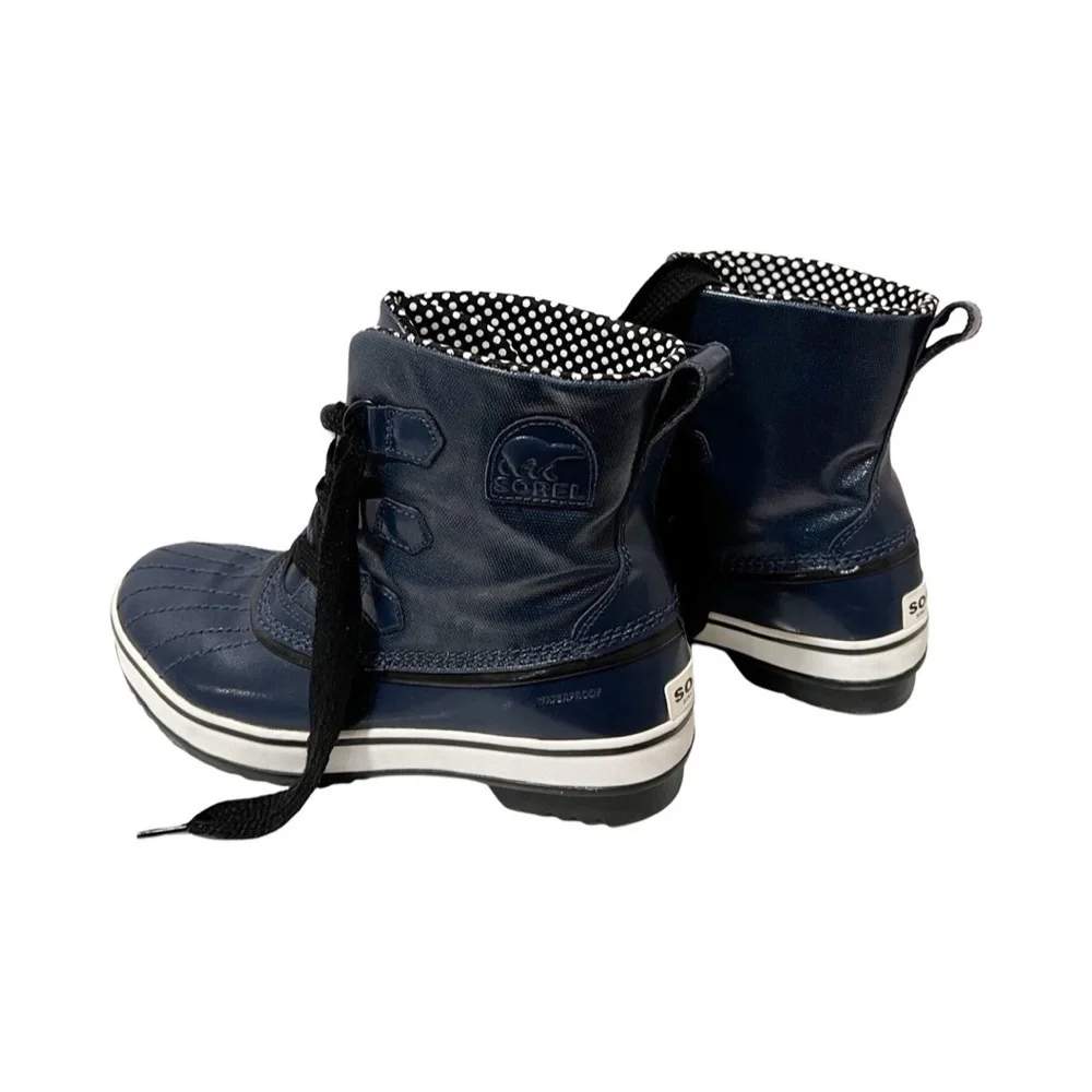 SOREL Tivoli Rain Boots Navy Blue Waterproof Polka Dot Sz 8.5